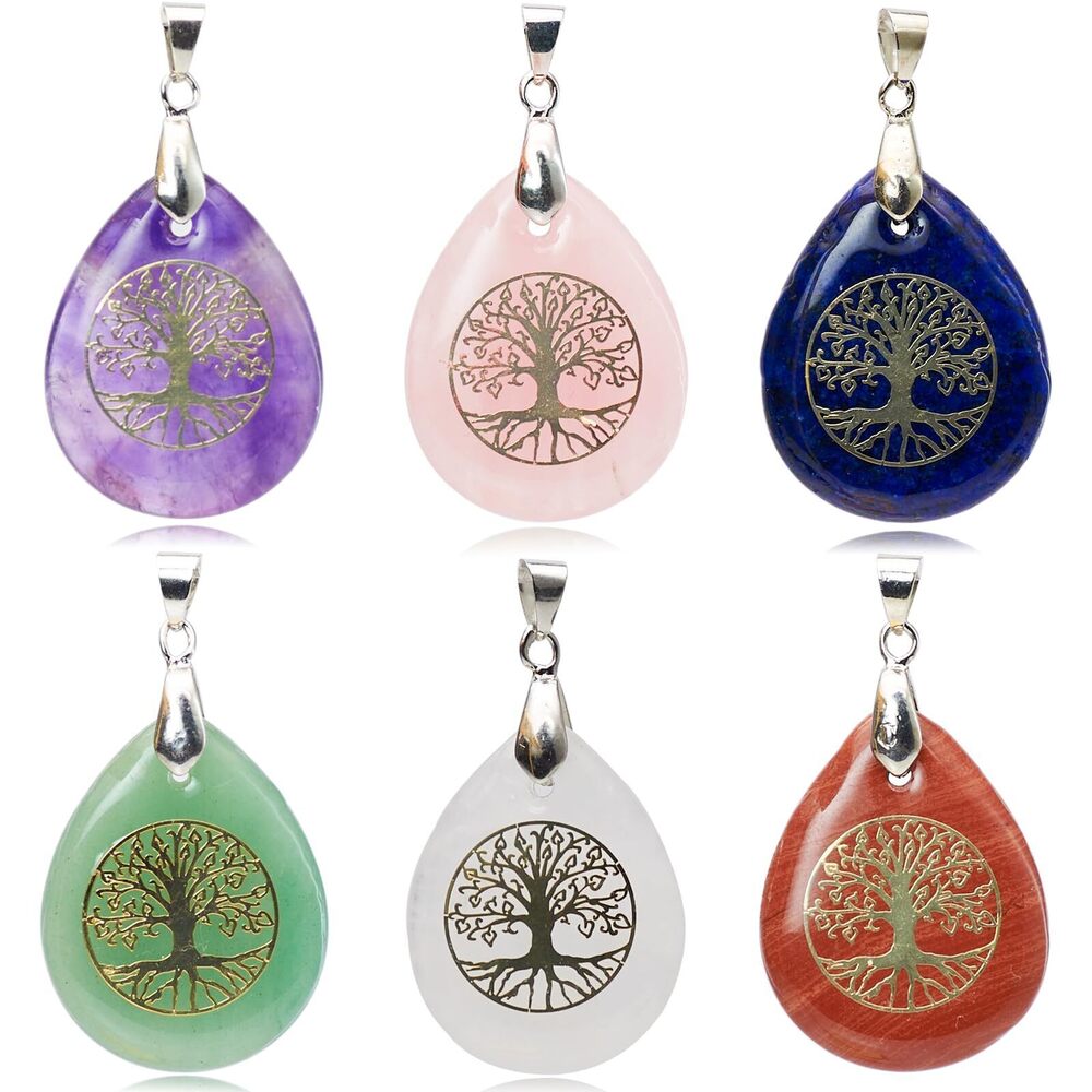 2928 6 Pieces Tree of Life Gemstone Crystal Pendant Waterdrop Shape Natural